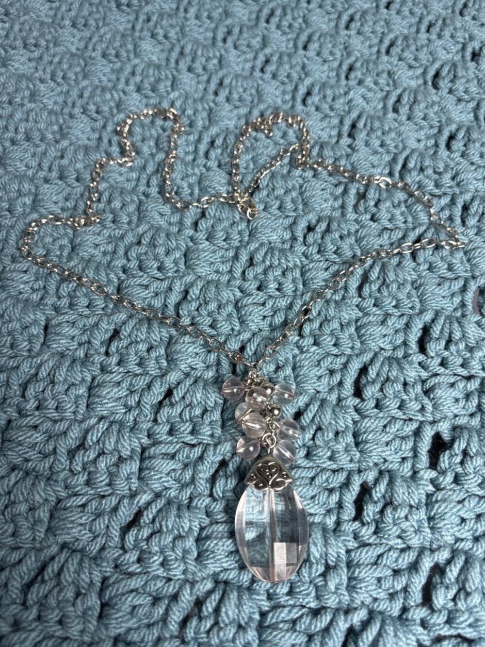 Silvertone Chain Necklace Clear Plastic Bead Cluster Pendant Rhinestones 30-32"
